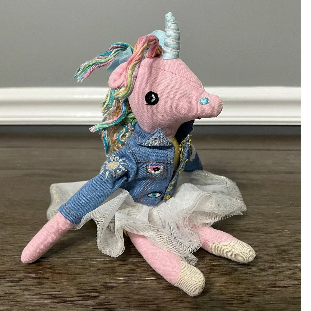 Pottery Barn Kids Sophie Unicorn Plush Ornament Denim Jacket Rainbow Tail 12" - Picture 2 of 5